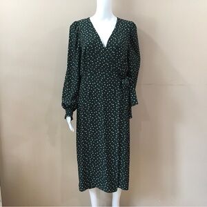 Max Studios printed Green Surplice Wrap midi Dress long sleeve   Size M New